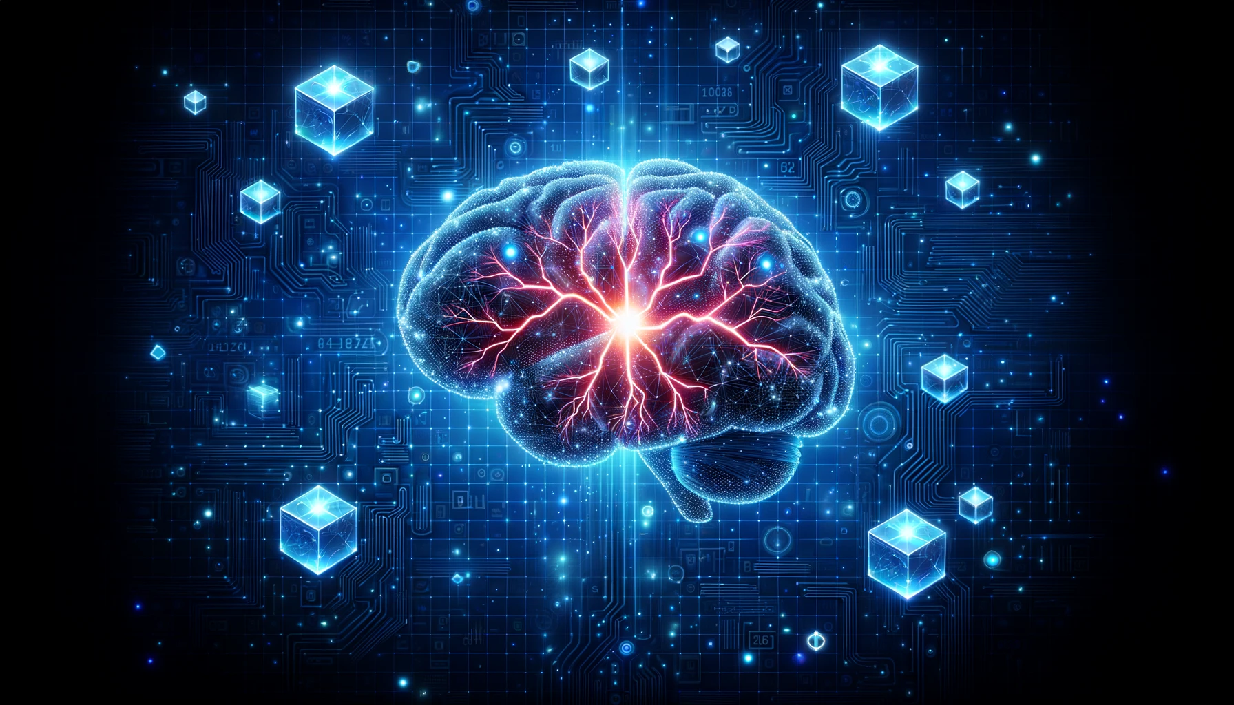 DALL·E 2023-10-13 20.52.12 - Illustration of a digital brain glowing with electric pulses, surrounded by floating 3D cubes representing data and algorithms